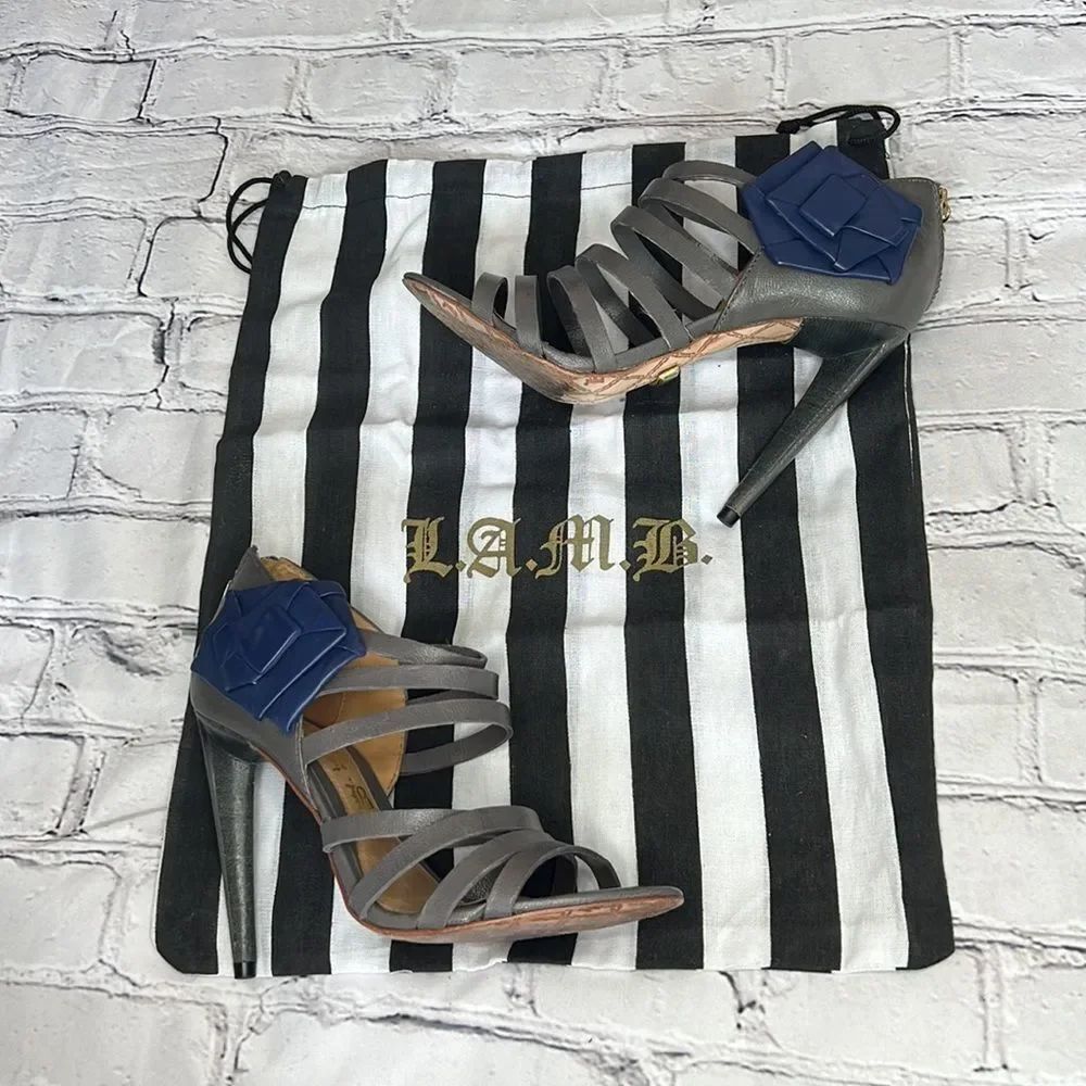 L.A.M.B. Rae strappy stiletto sandals in gray leather blue leather rose detail